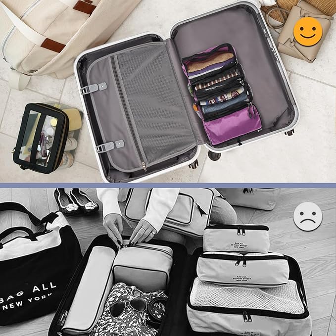 Surblue Travel Hanging Luggage Organizer Portable Suitcase Closet Organizer Multiple Compartments Collapsible Compression Packing Cubes Shelf, Purple, S
