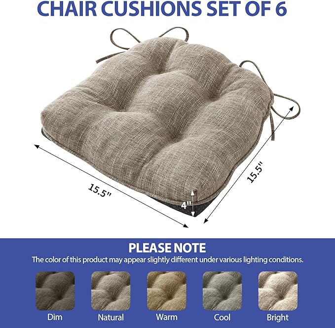 Chair Cushions for Dining Chairs Set of 6, Kitchen Chair Cushions, Chair Pads with Ties and Non Slip Backing, Tufted Memory Foam Seat Cushion 6 Pack, 15.5" x 15.5" x 4", Khaki