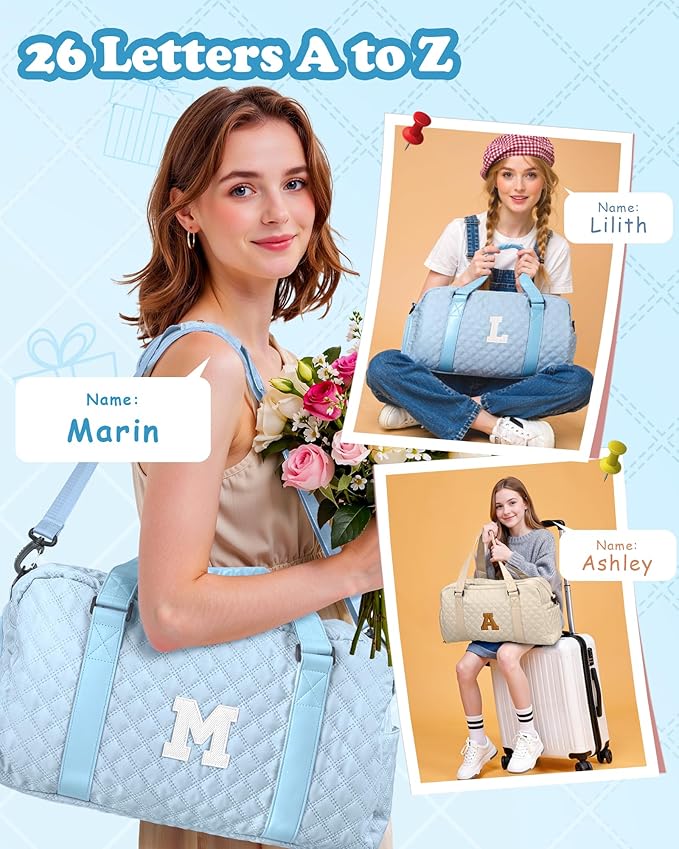 Initial Travel Duffle Bag Women Girls Gift: Personalized Weekender bags, Dance Cheer bag Sports for Girl, Kid Gymnastics Bags, Birthday Gifts for Women Girls Kids Teens Mom Teacher