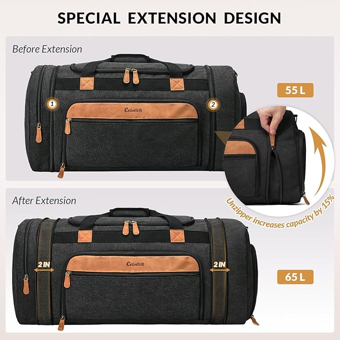 Canvas Duffle Bag for Travel 65L Expandable Travel Duffel Bags for Men Women Weekender Overnight Bag with Shoes Compartment - Dark Grey