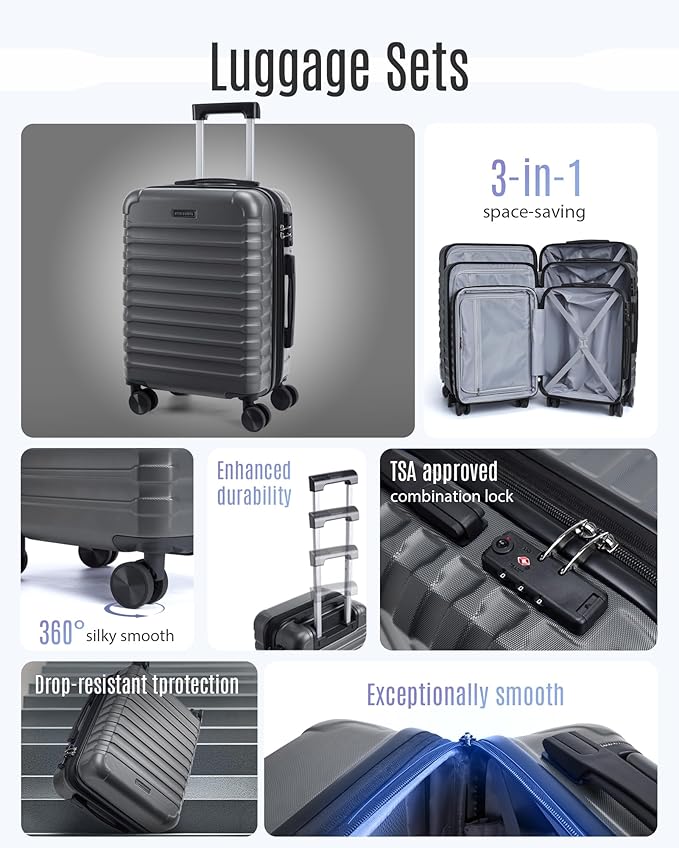 LIGHT FLIGHT Luggage Sets, 3 Piece Durable Suitcase Set with Spinner Wheels, 3 Pcs Hardside Lightweight luggage with TSA Lock, Large Checked Travel Suitcases, 20/24/28 Inch, Gray