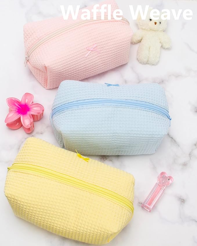PAZIMIIK 2PCS Cozy Makeup Bag Travel Cosmetic Bag for Women Soft Toiletry Bag Aesthetic Makeup Organizer Portable Large Zipper Pouch for Skincare Beauty Accessories Brushes Waffle Check Blue