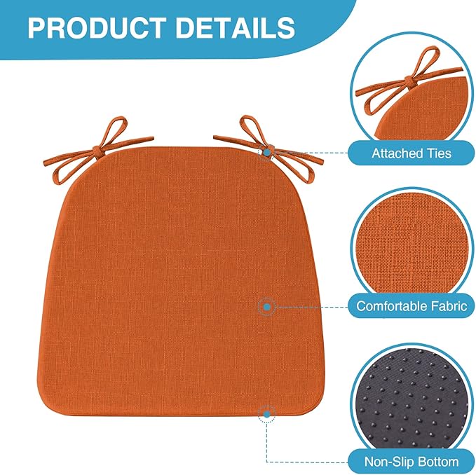 Chair Cushions for Dining Chairs Set of 4, Non Slip Kitchen Chair Pads, 17" x 16" x 2", Indoor Dining Chair Cushions with Ties, D-Shaped Seat Cushions for Kitchen Chairs, Orange