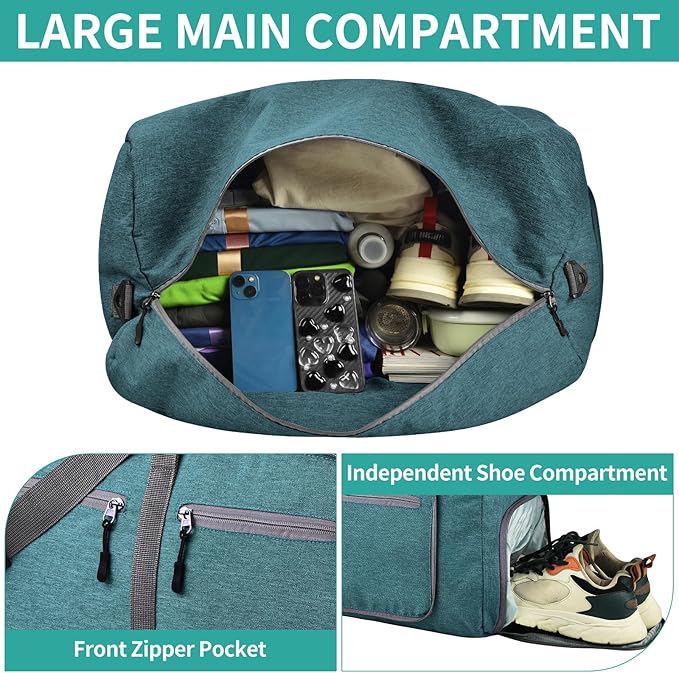 Dimayar 65L Travel Duffle Bag for Men Women - Foldable Duffel Bag with Shoes Compartment - Overnight Bags Waterproof & Tear Resistant(Green)