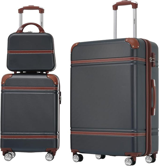 Merax Luggage Set 2 Piece Suitcase Set with Cosmetic Case Expandable Spinner Wheels Vintage Luggage Sets(Black,20"+28")