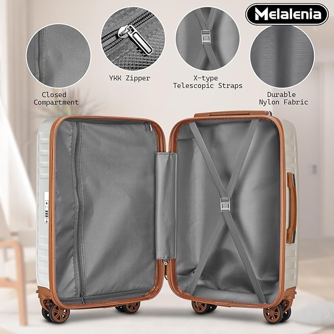 Melalenia Luggage Sets 7 Piece Hard Shell Carry on Suitcase with Spinner Wheels and TSA Lock, Lightweight Travel Duffel Bag for Women, Beige Brown