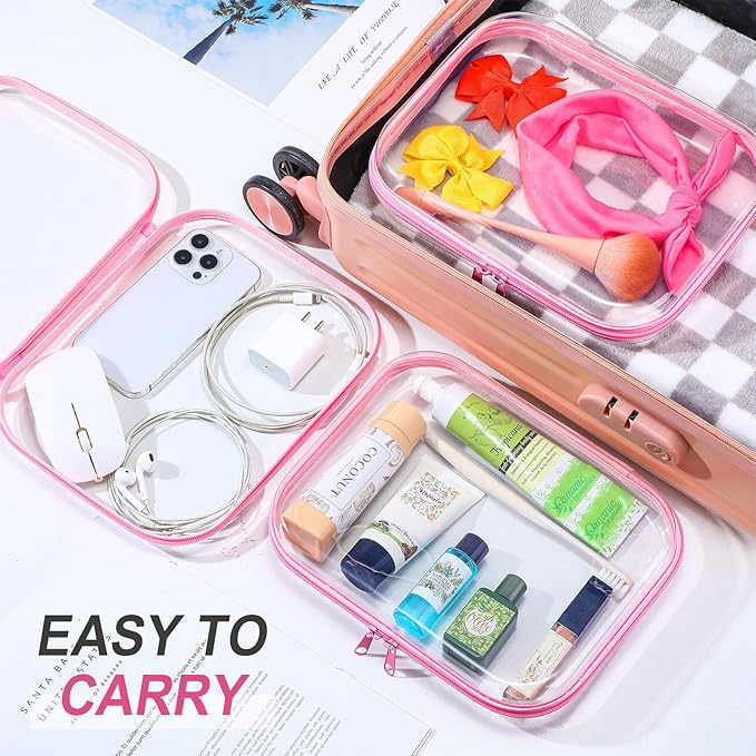 Sanwuta 6 Pcs Clear Hard Zipper Case Plastic Zipper Pouches Transparent Makeup Bag Pencil Case Pouches Toiletry Diaper Bag for Travel Toy Storage Organizer Bins(Pink,9.84 x 7.87 x 2 Inch)