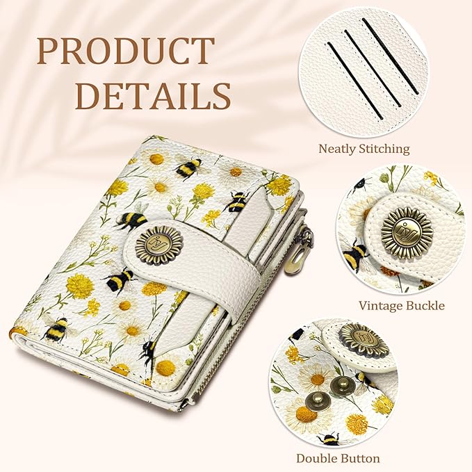 Icycay Floral Bee Small Wallet Women RFID Blocking Bifold, Credit Card Holder, Zipper Coin Pocket, PU Leather, Cute, Compact, Travel, 4 ID Window, 14 Card Slots, Cash Purse, Ladies Woman Female Girls