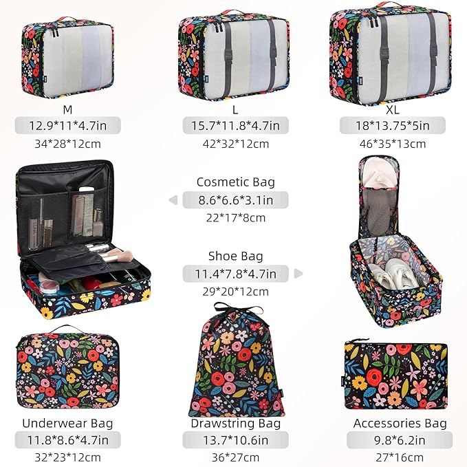 BAGAIL 8 Set Packing Cubes Luggage Packing Organizers for Travel Accessories-Black Floral