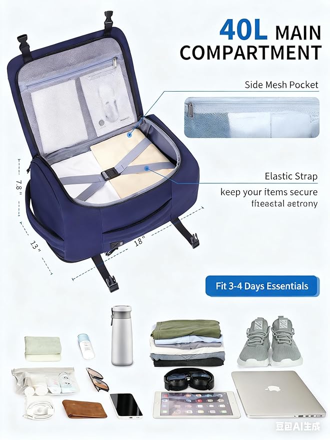 ECOHUB 40L Carry-On Travel Backpack, TSA-Friendly, Anti-Theft Water-Resistant Lightweight with 17.3″ Laptop Compartment, Durable PFAS-Free Rucksack, Blue