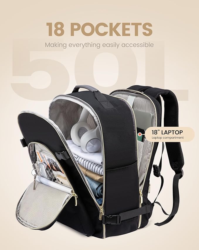 LOVEVOOK 50L Travel Backpack for Women Men,Waterproof Airline Approved Carry On Luggage Travel Essentials,TSA Carry On Backpack Personal Item Travel Bag Suitcase Weekender Traveling with Packing Cubes