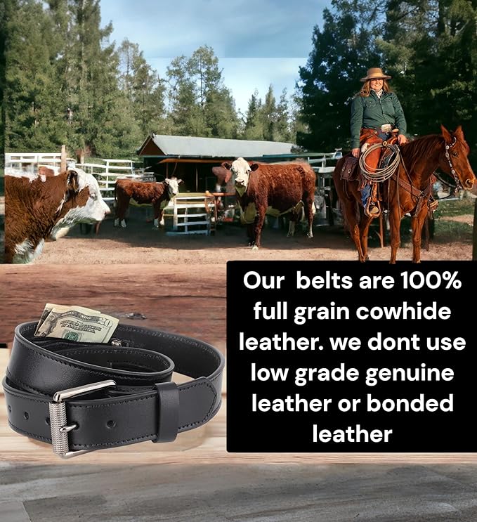 F&L CLASSIC Men’s Money Full Grain leather Belt, Hidden zipper Pocket, USA