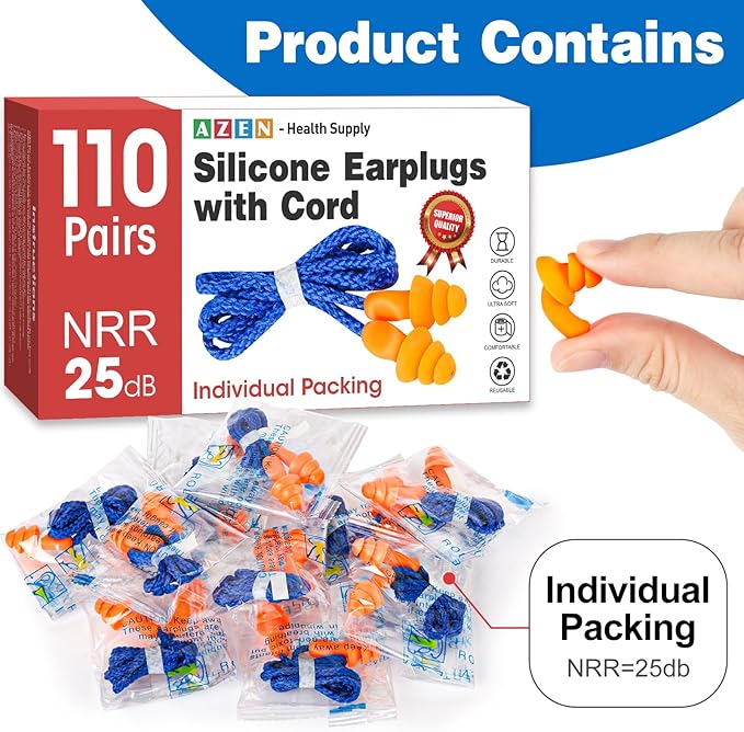 AZEN 110 Pairs Silicone Ear Plugs, Reusable Earplugs for Noise Reduction, 25dB NRR Corded Ear Plug for Sleeping Noise Cancelling, Ear Plug with String Individual Packing