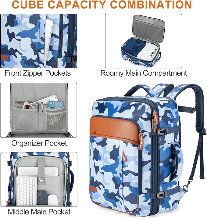 Lumesner Carry on Travel Backpacks, Extra Large 40L Flight Approved for Men & Women,Expandable Suitcase backpack (Camouflage Blue(Backpack With 4 Packing Cubes))
