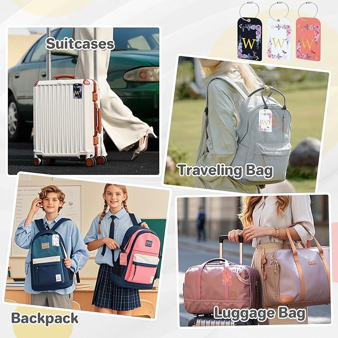 3 Pack Luxury Floral Luggage Tags, Durable PU Leather Suitcase Tags with Stainless Steel Cable Strap, Hidden ID Slot for Privacy Protection, Easy to Identify Waterproof Travel Accessories Gift (W)
