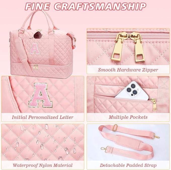 Gifts for Women Girls Initial Travel Duffle Bag Quilted Weekender Carry-On Overnight with Cosmetic Bag, Gym Bag with Shoe Compartment Personalized Bag, Pink A