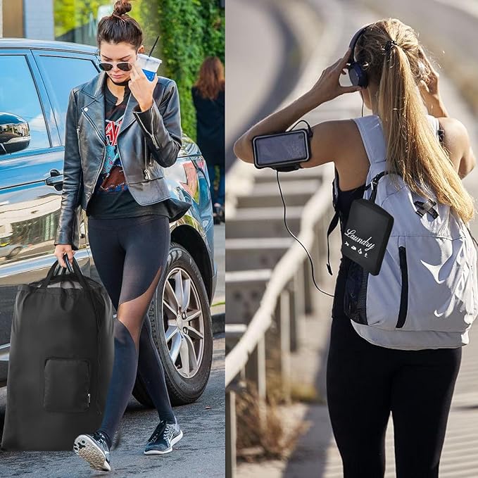 Travel Laundry Bags, 2Pcs JHX Foldable Dirty Clothes Bag 【Upgraded】 with Fixed Drawstring Net, Handles and Carabiner, Portable Laundry Bags for Travel and Fitness (Black+Grey) 30"H x 21"W