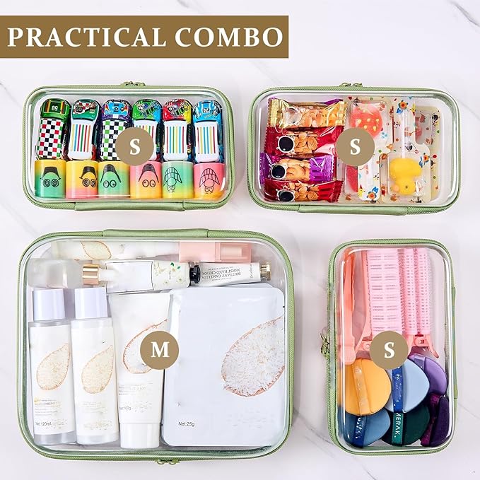4 pcs Clear Zipper Pouches,Hard Shell Zipper Case, Toiletry Bag for Travel, CLear Diaper Bag, Toiletry Pouch, Travel Organizer, Cosmetic Bag,Toy Storage Bins (M+3S) (Mint Green)