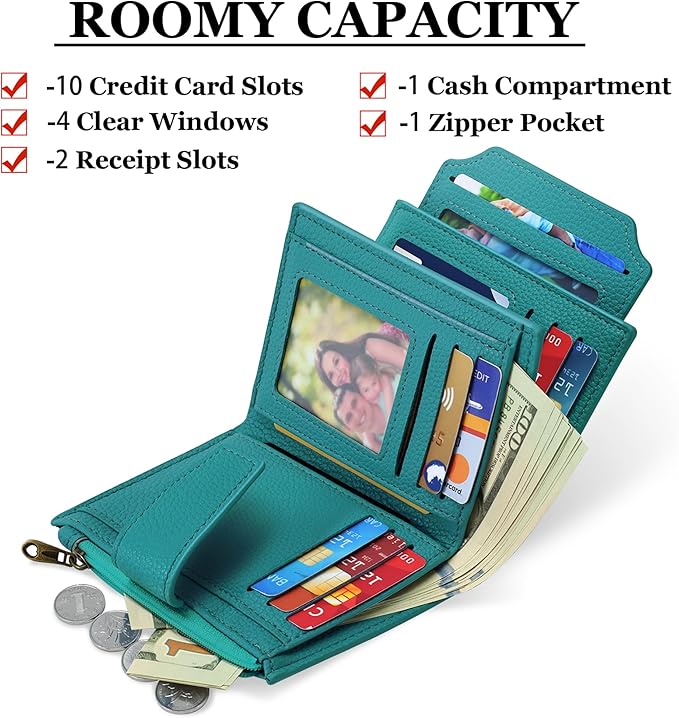 Airkit Small Wallet Women RFID Blocking Leather Bifold Compact Card Holder Wallet for Women with Zipper Coin Pocket 4 ID Window