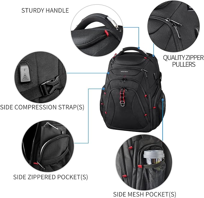 KROSER Travel Laptop Backpack 17.3 Inch XL Computer Backpack with Hard Shell Saferoom RFID Pockets Water-Repellent Business College Daypack Stylish Bag for Men/Women-Black