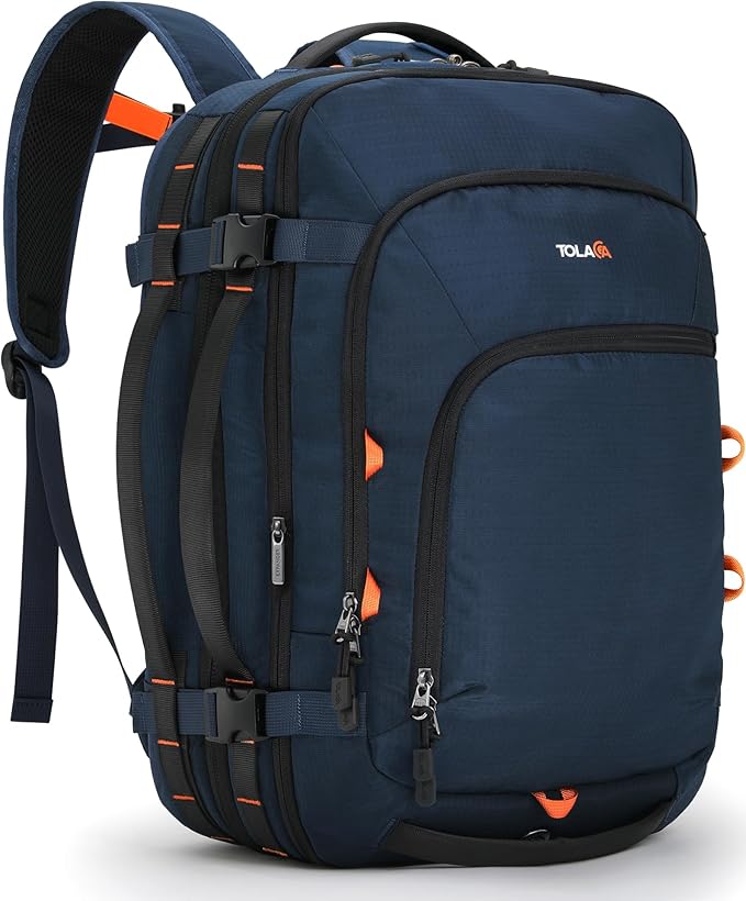 Tolaccea Travel Backpack, TSA Friendly Flight Approved Carry-on Luggage Water-resistant Business Rucksack, Durable Large Computer Bag Daypack Fits 15.6 Inch Laptop, 35-45L Expandable - Navy