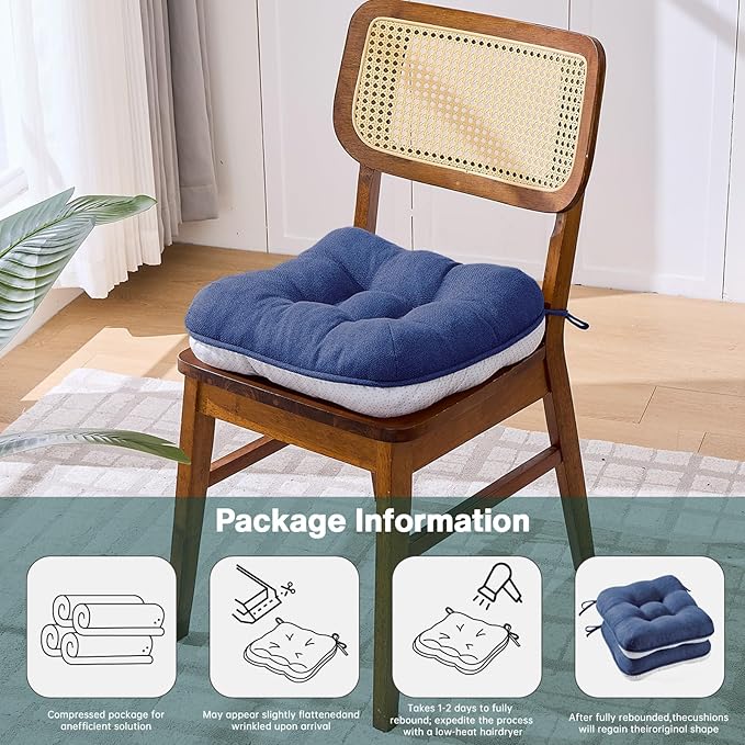 BETU Chair Cushions for Dining Chairs Set of 6,3.5" Thick Kitchen Table Chair Pads with Ties,Non Slip Backing and Covers, Seat Cushion for Dining Room,Bar,Patio Chairs,16"X16"X3.5",Navy Blue