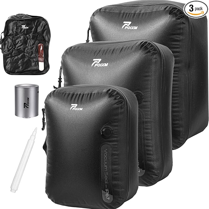 Vacuum Bags for Travel with Wireless Pump, 180° Open Zipper, IP67 Waterproof, Reusable Space Saver Compression Bags for Backpack, Suitcase, Home Storage(3 Pack + Pump)