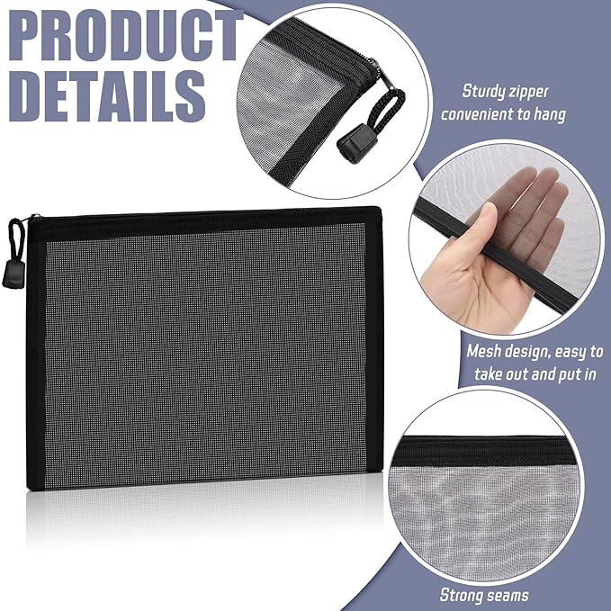Outus 15 Pieces Mesh Bags Pouch Mesh Zipper Pouch Makeup Bags Cosmetic Travel Organizer Zipper Pencil Case for Organizing Office travel Storage(9.84 x 7.09 Inches,Black, Gray, White)