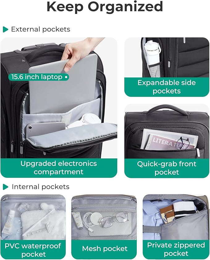 BAGSMART Carry On Luggage 22x14x9 Airline Approved, 20 Inch Soft Suitcase with Wheels, Lightweight Spinner Carry on Suitcase with PVC Wet/Dry Pockets for Short Trip, Black