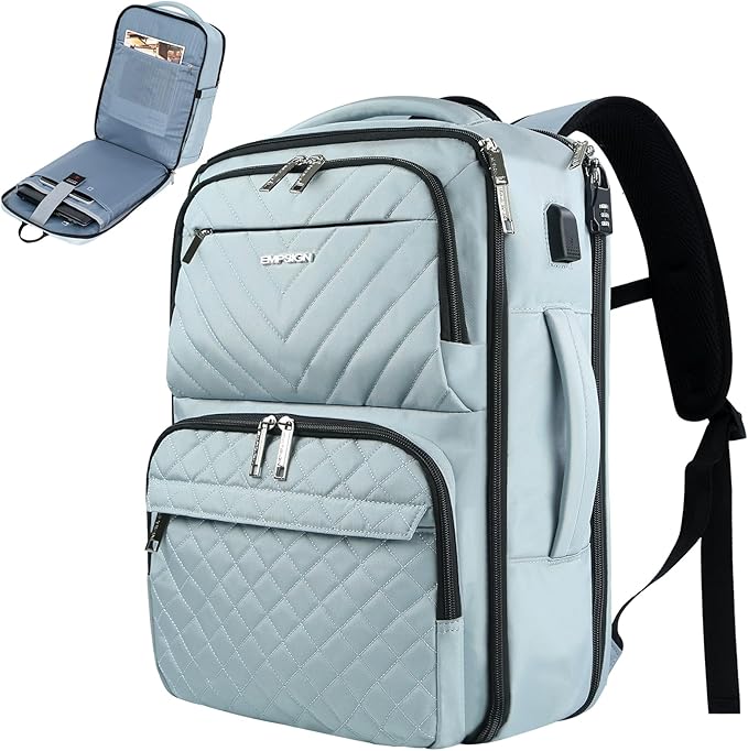 EMPSIGN Carry on Travel Backpack for Women & Men, 17 inch Large TSA Friendly Laptop Backpack with USB Port, Airline Approved Carry On Luggage, Travel Essentials, Weekender Overnight Bags, Light Blue