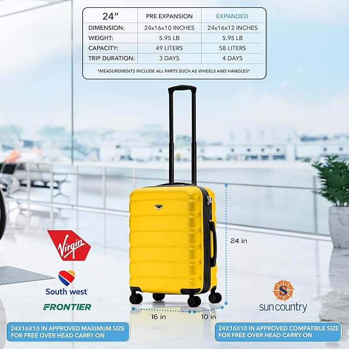 Flight Knight 24x16x10 Expandable Carry On Suitcase Hardside TSA Lock USB C Lightweight Luggage Silent Double Spinner Wheels Maximum Overhead Carry-On Bag For Virgin South West Approved Yellow