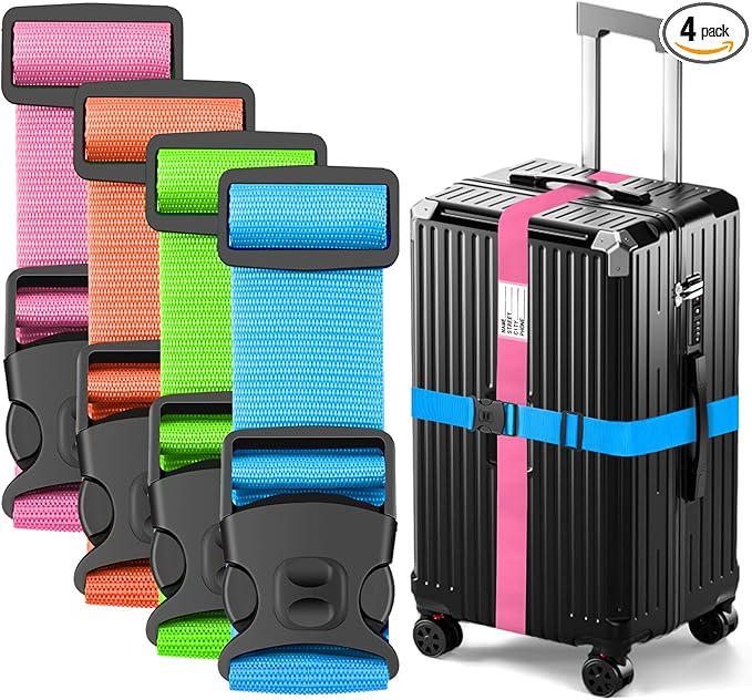 BILIONE Luggage Straps Adjustable Suitcase Belt, Lockable Against Accidental Opening, Easy to Identify Travel Accessories, Add a Bag Connector Holds Suitcase Together (4, Blue+Orange+Rose Pink+Green)