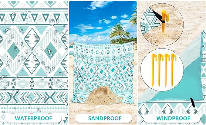 Beach Blanket Waterproof Sandproof Beach Mat for 1-8 Adults Quick Drying Durable Outdoor Picnic Mat for Beach Festival Travel Camping Hiking (Vintage-Green, 79"×83"(4 Person))