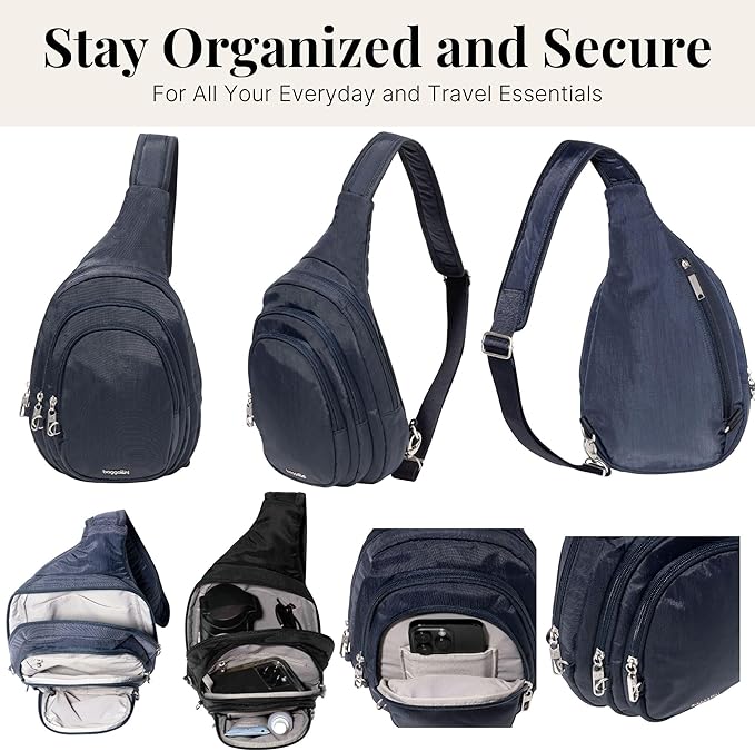 Baggallini Securtex® Anti-Theft Multi Zip Sling - Lightweight 8.6"x15.2" Travel Bag with Locking Zippers & RFID Protection