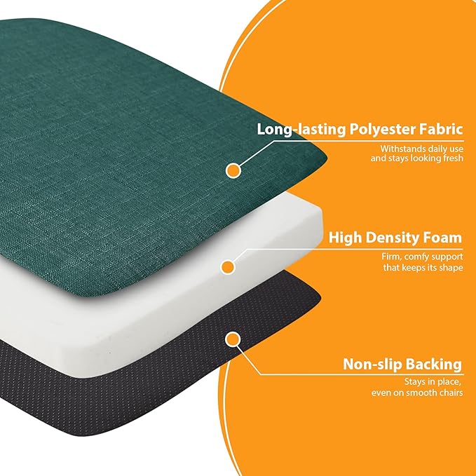 Chair Cushions for Dining Chairs, 2" Thick Seat Cushions for Kitchen Chairs, D-Shaped Chair Pads with Washable Cover, Ties and Non Slip Backing, 17'' x 16'', Set of 6, Green