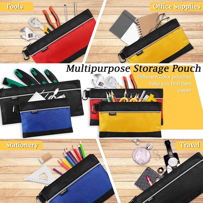 COIDEA 4 Pack Tool Pouch, Small Tool Bag with Zipper, 1680D Oxford Waterproof Multipurpose Tool Pouches with Carabiner for Men Tools, Travel Accessary, Stationary, Gadgets Storage Organizer, PSGJD-X4