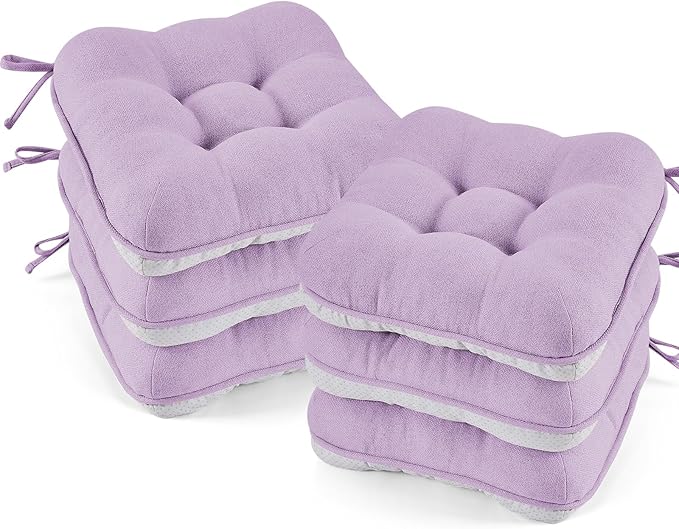 BETU Chair Cushions for Dining Chairs Set of 6,3.5" Thick Kitchen Table Chair Pads with Ties,Non Slip Backing and Covers, Seat Cushion for Dining Room,Bar,Patio Chairs,16"X16"X3.5",Purple