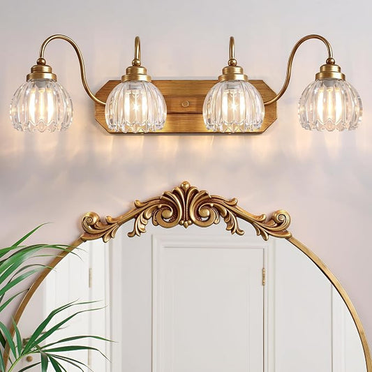 Vintage Gold Bathroom Light Fixtures,4 Light Tulip Crystal | Brushed Gold Vanity Lights,Matte Antique Brass Finish, Mid Century Style,Wall Sconces for Bedroom,Hallway, Easy to Install