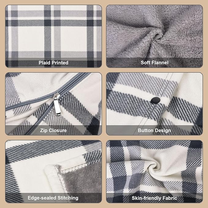 forestfish Wearable Blanket Compact Pillow 2-in-1, Lap Blanket Poncho with Button Plaid Throw Cushion for Home Office Sofa
