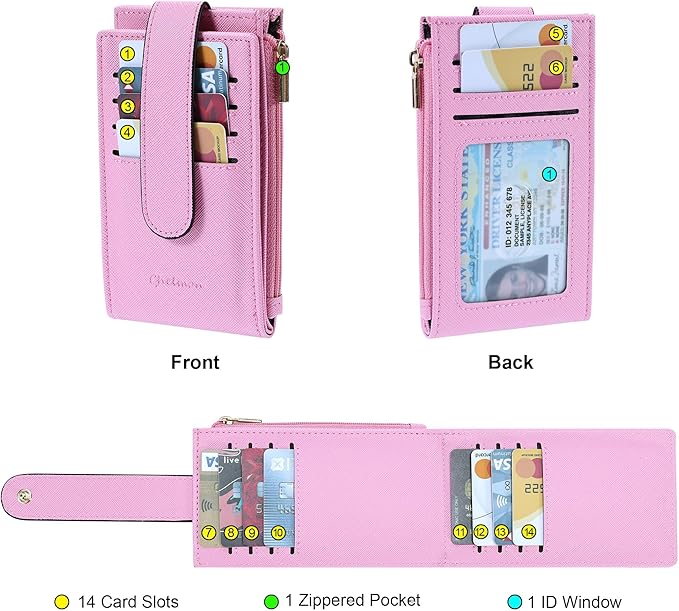Chelmon Womens Wallet Slim RFID Blocking Bifold Multi Card Case Wallet with Zipper Pocket (Pink)