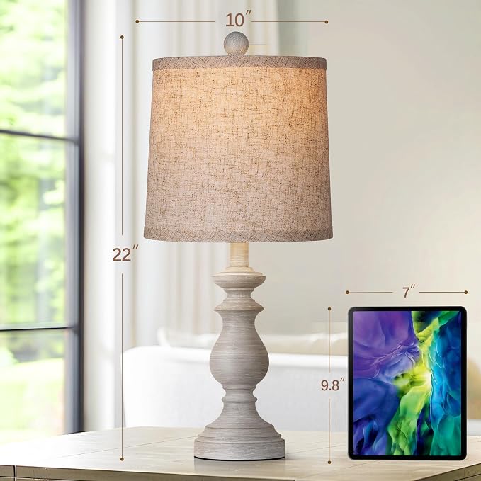 Traditional Table Lamp Set of 2, Rustic Farmhouse Table Lamps for Living Room Bedroom, 22" Bedside Desk Lamps Vintage Nightstand Lamps with Linen Shades, Antique Grey