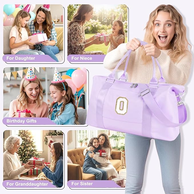 Dance Gym Duffel Bag for Teen Girls, Personalized Initial Travel Weekender Bag,Cute Overnight Carry On Duffle for Women,Sports Travel Cheer Bag,Monogram Christmas Gifts for Tween Preppy(purple-O)