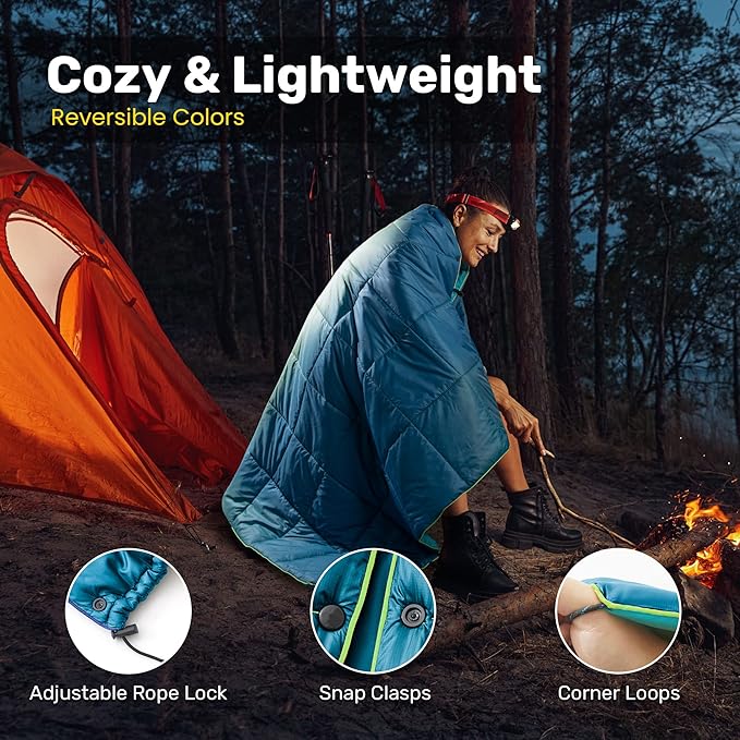 UNIKOME Waterproof Puffy Camping Blanket - Lightweight Packable Outdoor Quilt with Snaps & Corner Loops, Warm Compact Blanket for Cold Weather Hiking Picnic Stadium Travel, 75"×52", Lake Blue&Sky Blue