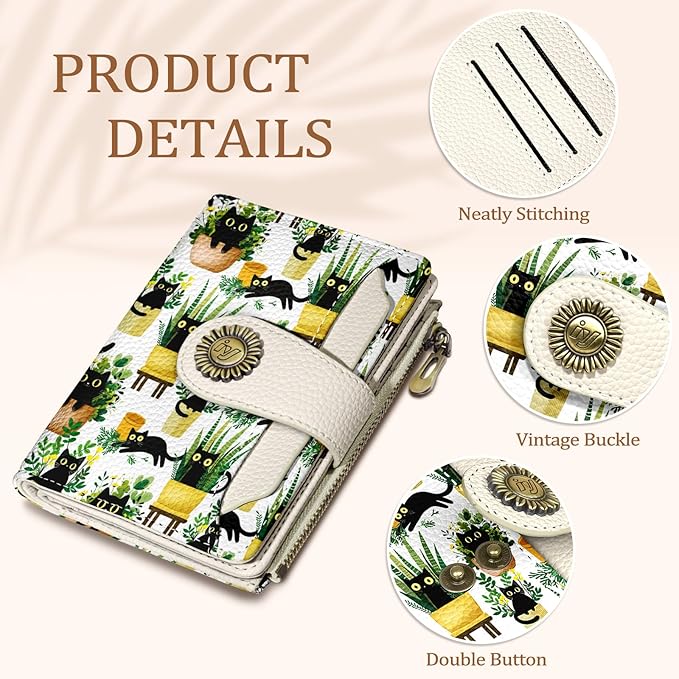 Icycay Black Cat Small Wallet Women RFID Blocking Bifold, Cute Credit Card Holder, Zipper Coin Pocket, Compact, Travel, PU Leather, 4 ID Window, 14 Card Slots, Cash Purse, Ladies Woman Female Girls