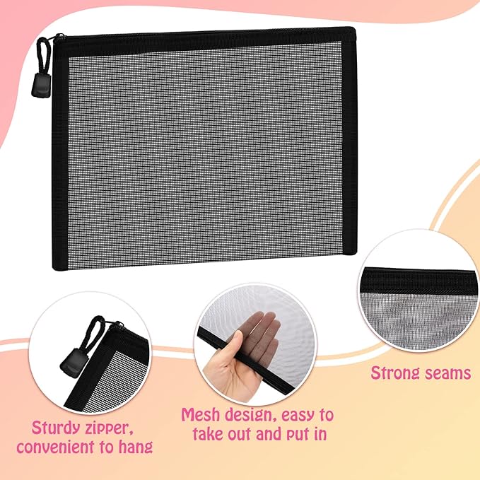 Outus 15 Pieces Mesh Bags Pouch Mesh Zipper Pouch Makeup Bags Cosmetic Travel Organizer Zipper Pencil Case for Organizing Office travel Storage(9.84x7.09, 7.87x3.94, 5x3.94 Inches,Black)