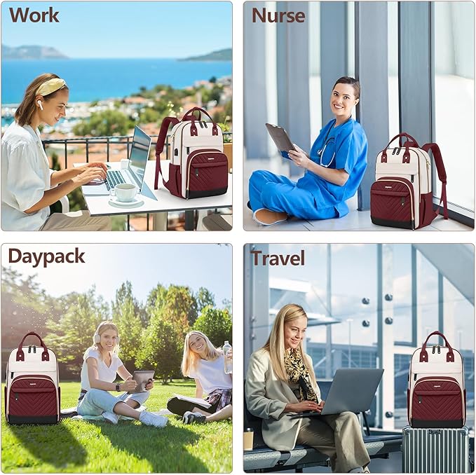 Laptop Backpack for Women Work Bag - 15.6 inch Travel Backpack Purse with USB Charger College Bookbag Waterproof Cute Casual Daypack Business Computer Backpacks for Teacher Nurse Beige Wine Red