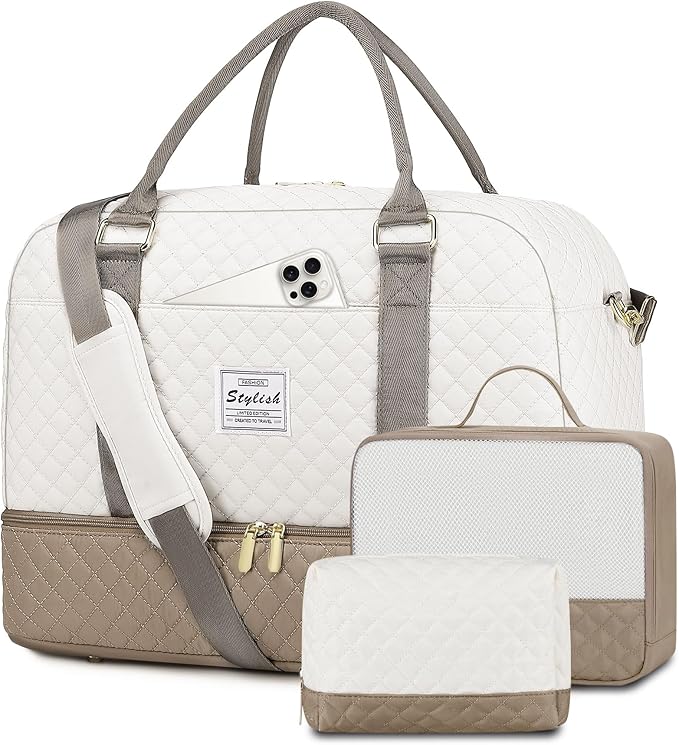 Travel Duffle Bag Weekender for Women: Travel Duffel Carry-On Overnight Bags with Shoe Compartment & Wet Pocket Large Weekend Tote Beige Khaki