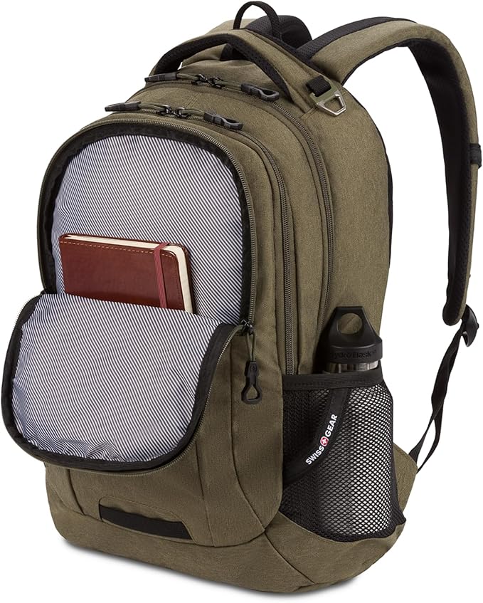 SwissGear 5505 Cecil 16” Laptop Backpack Olive – Daily Laptop Bag with Gear Attachment Options – Multiple Organizer Pockets & Padded Shoulder Straps