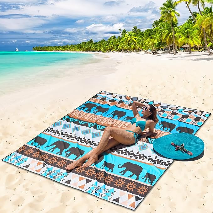 HIHOHO Beach Blanket Waterproof Sandproof Beach Mat for 1-8 Adults Quick Drying Durable Outdoor Picnic Mat for Beach Festival Travel Camping Hiking (Elephant-GN, 79"×83"(4 Person))