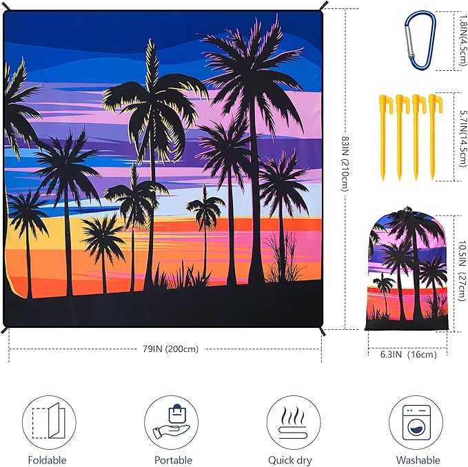 HIHOHO Beach Blanket Waterproof Sandproof Beach Mat 79”x 83” for 1-8 Adults Quick Drying Durable Outdoor Picnic Mat for Beach Festival Travel Camping Hiking (Color Cocotree, 79"×83"(4 Person))